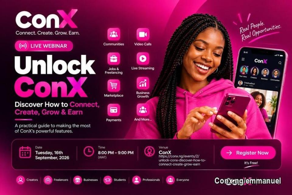 I will be hosting a free webinar tomorrow with some experts guiding you on how to use the newly launched app and how you can maximize your earnings  here. 

A Practical Guide to Making the Most of ConX's Powerful Features

ConX is more than a place to post and connect.

With new tools for communities, freelancing and jobs, content creation, video and voice calls, livestreaming, payments, professional profiles, marketplace activities, content promotion, referrals and more, there are opportunities on ConX that many users may not yet be taking full advantage of.

This webinar is designed to show you how to use ConX strategically—not just how to use it.

Whether you are a creator, freelancer, entrepreneur, student, professional, business owner or everyday social-media user, you'll learn practical ways to build your presence, connect with the right people, discover opportunities, promote your content, grow your audience and make better use of the tools available on the platform.

What You'll Learn
How to build a strong and professional ConX profile
How to create, discover and participate in communities
How creators can use ConX to grow their audience
How to use Stories, Status, Reels, polls and content sharing effectively
How to use the freelancing and job system to discover opportunities
How businesses can promote products and services
How to use QR codes and payment links
How to promote and boost your content
How to use livestreaming and screen sharing
How to use voice calls, video calls and voice notes
How to use music and sounds in your content
How referrals can help you benefit from bringing new users to ConX
How to keep track of transactions using receipts and bills
How to use ConX's professional bio and other tools to build your digital identity
Tips for getting more value and visibility from your presence on ConX
Who Should Attend?

Creators | Freelancers | Entrepreneurs | Business Owners | Students | Professionals | Community Builders | Digital Marketers | Social Media Users

Whether you joined ConX yesterday or you've been using it for months, there will be something new to discover.

You may be using ConX every day and still not be using ConX to its full potential.

Join us and discover what your ConX account can really do.

Connect. Create. Grow. Earn.
Join ConX: conx.ng

The webinar link is here.
register and show your interest
https://conx.ng/events/2/unlock-conx-discover-how-to-connect-create-grow-earn-2
